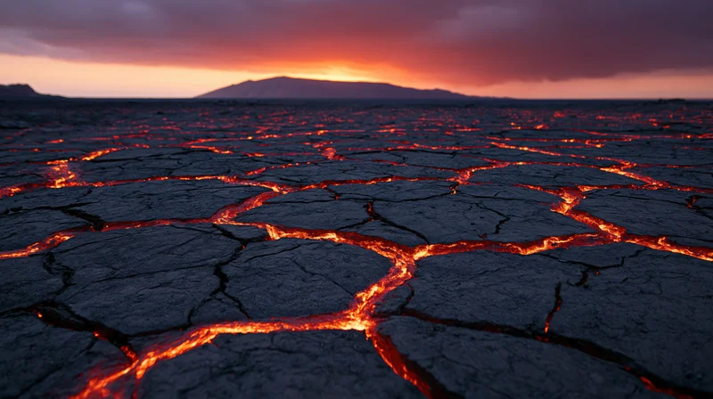 Cracked volcanic plain with molten lava seeping through fissures at dusk