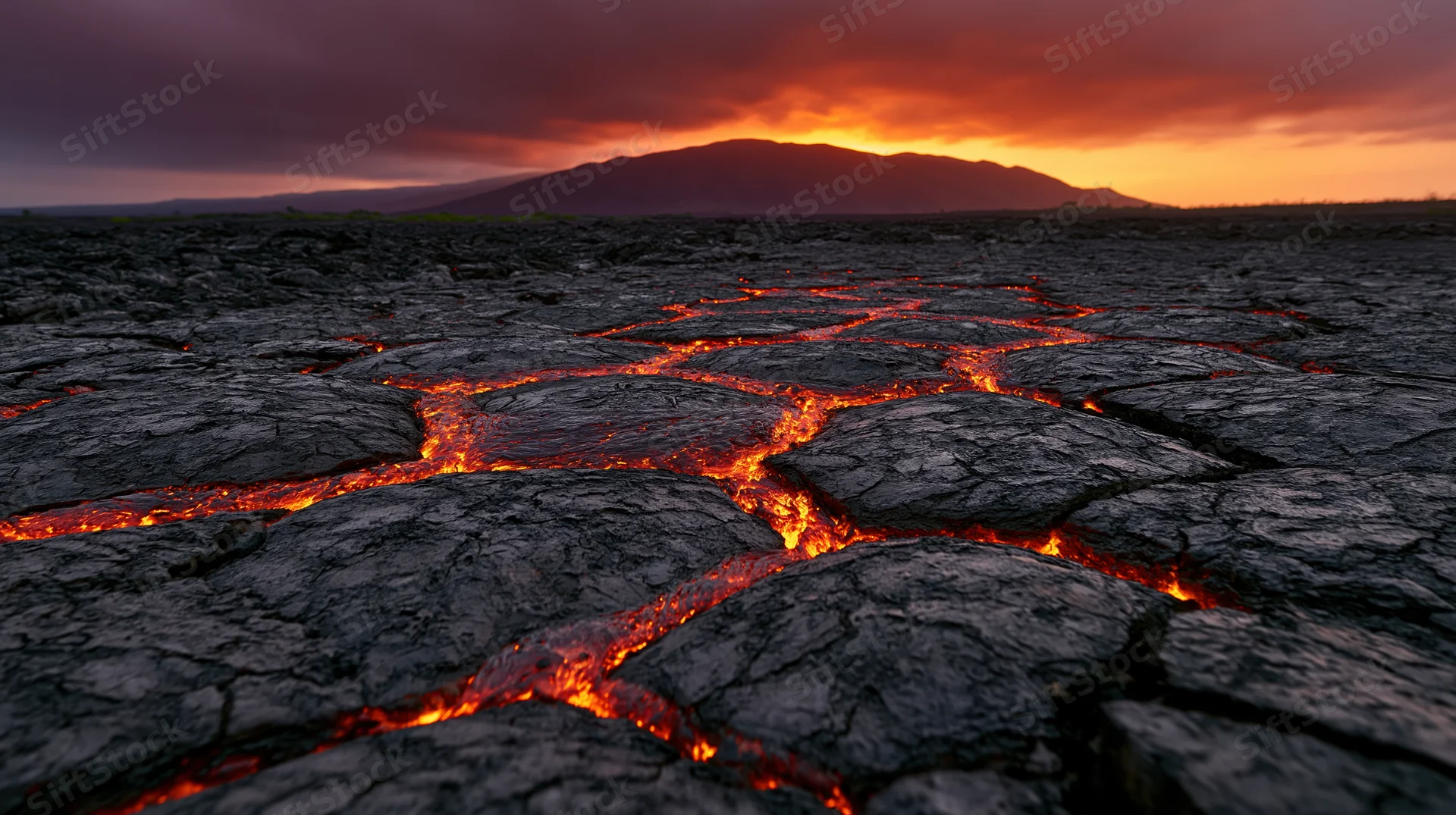 Glowing molten lava seeping through cracks in cooled volcanic rock under a fiery sky