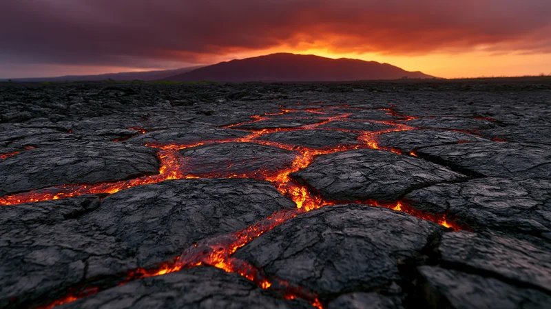 Glowing molten lava seeping through cracks in cooled volcanic rock under a fiery sky