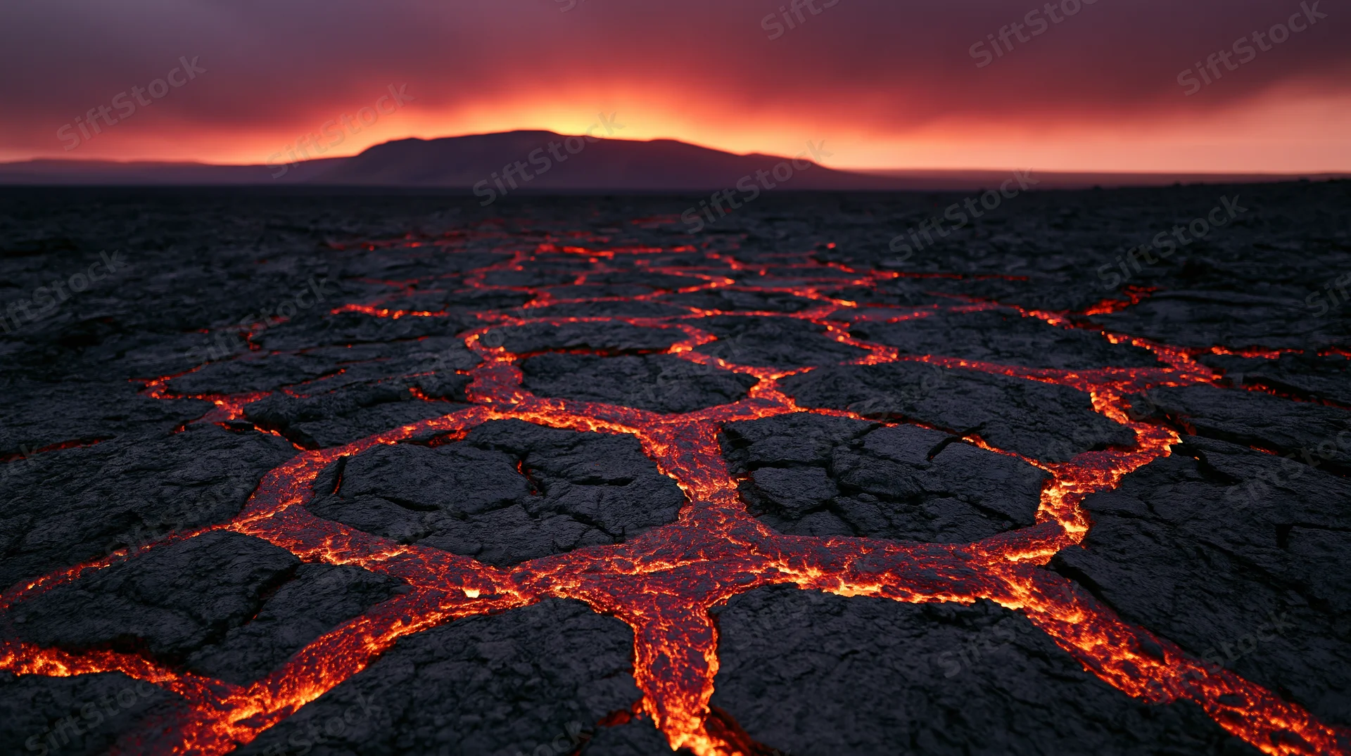 Cracked volcanic plain with glowing molten lava seeping through fissures at dusk