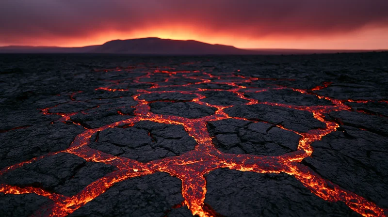 Cracked volcanic plain with glowing molten lava seeping through fissures at dusk