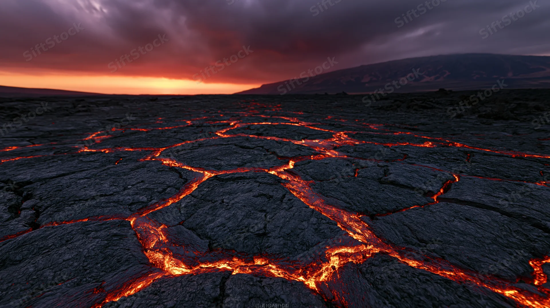 Glowing molten lava seeping through cracked volcanic plain at dusk