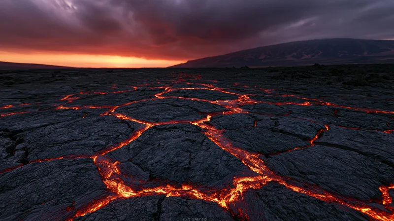 Glowing molten lava seeping through cracked volcanic plain at dusk