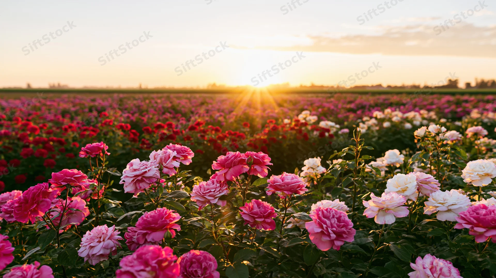 Rows of blooming roses in a vast field at sunset
