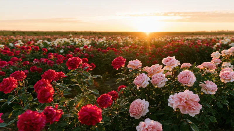Rows of blooming red and pink roses in a vast field at sunset