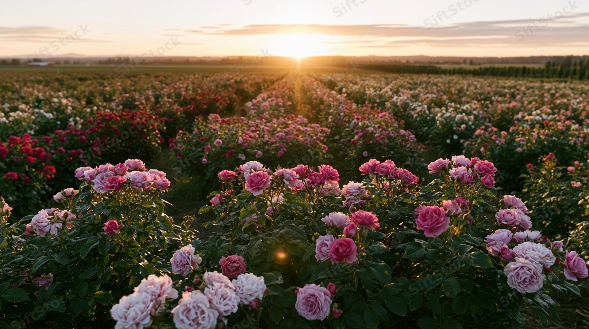 Rows of blooming roses in a vast field at sunset