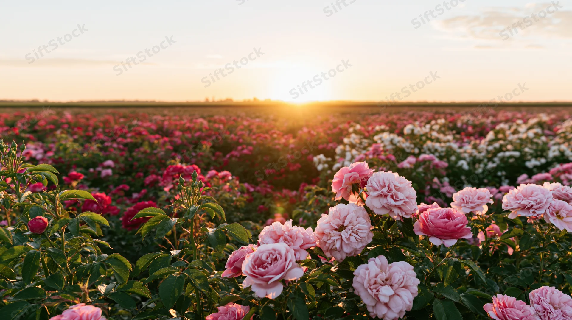 Rows of blooming pink and red roses in a vast field at sunset