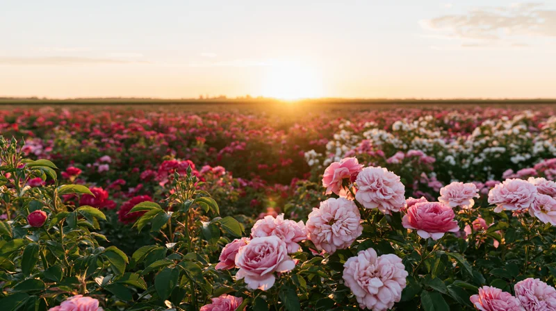 Rows of blooming pink and red roses in a vast field at sunset
