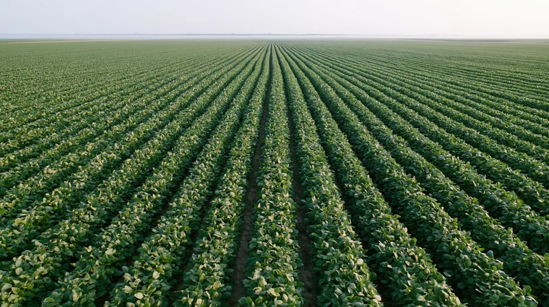 Rows of soybean plants stretching to the horizon in a vast agricultural field