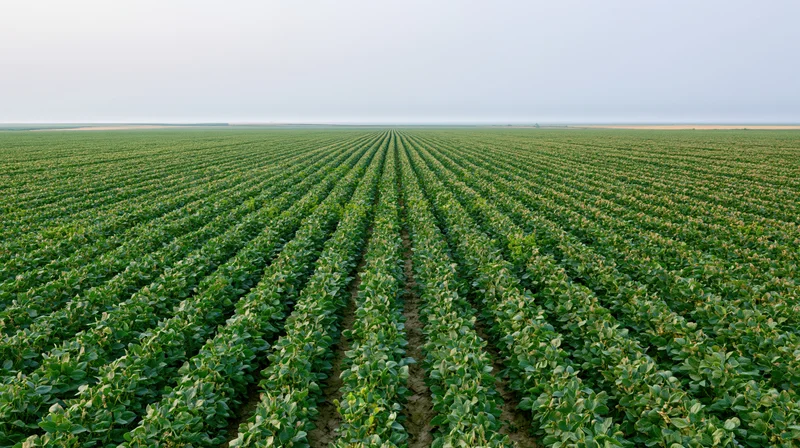 Vast soybean field with rows of green plants stretching to the horizon under a pale sky