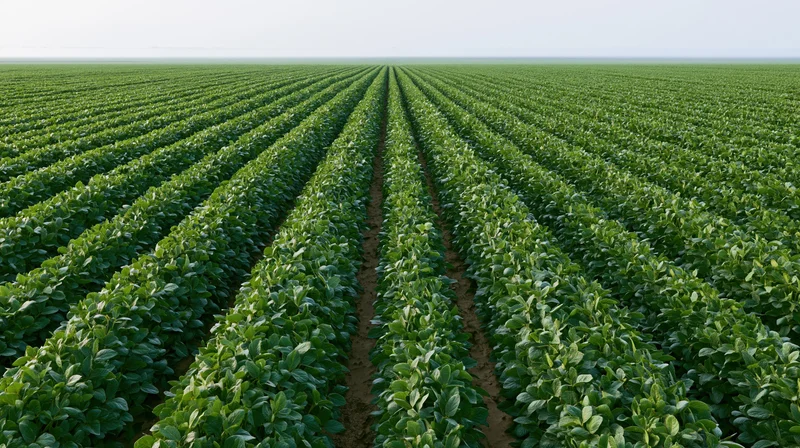 Rows of soybean plants stretching to the horizon in a vast cultivated field