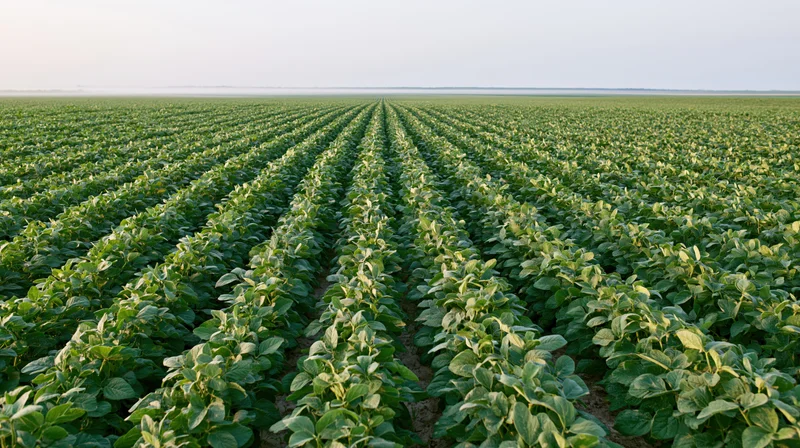 Rows of soybean plants stretching to the horizon in a vast cultivated field