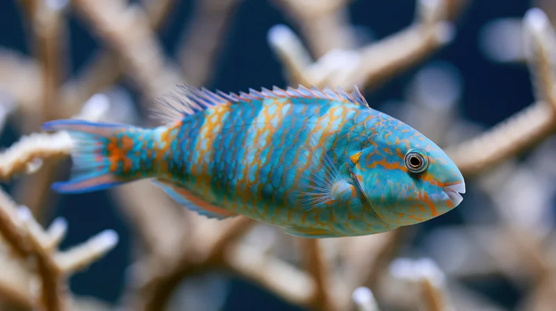 Vibrant blue and orange patterned tropical fish swimming slowly among coral branches