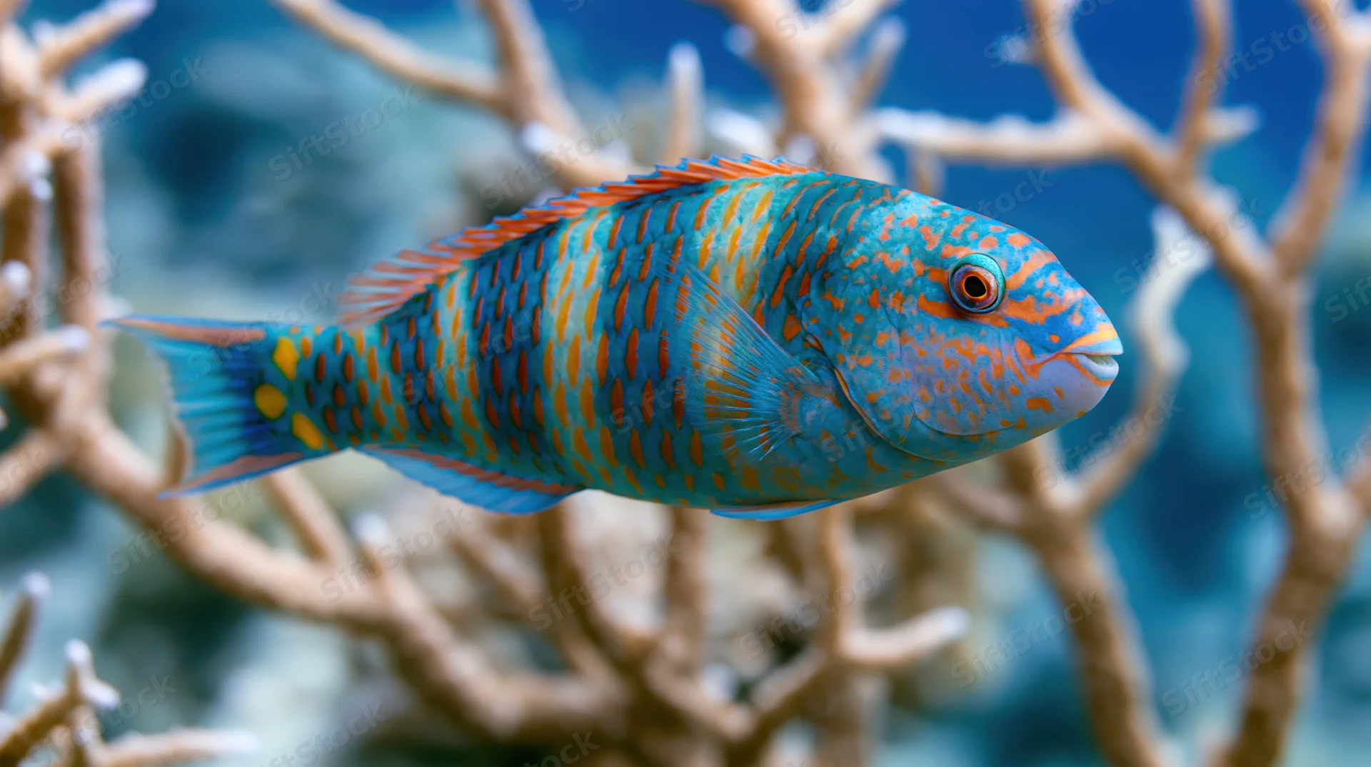 Vibrant blue and orange patterned tropical fish swimming near coral reef underwater