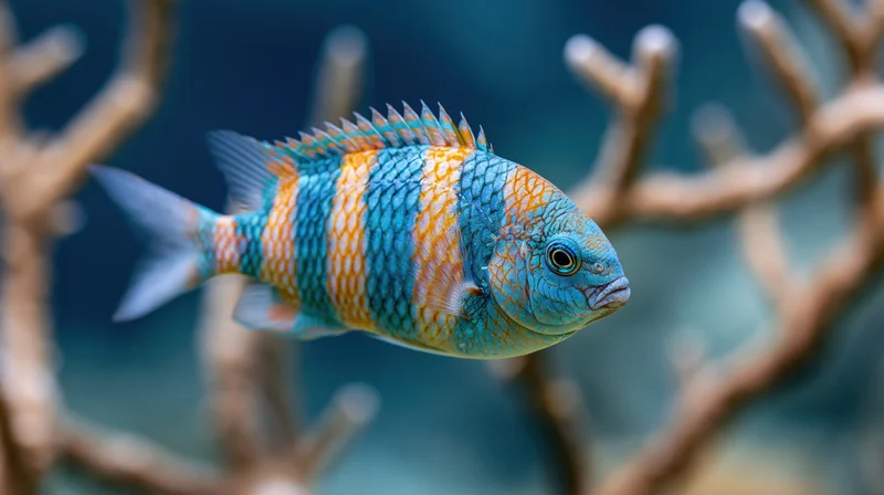 Vibrant blue and orange patterned tropical fish swimming slowly among coral branches in an aquarium