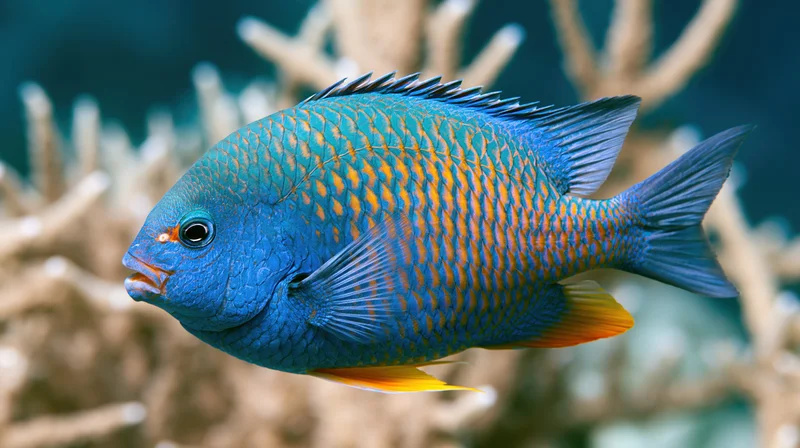 Vibrant blue and orange patterned tropical fish swimming near coral reef underwater