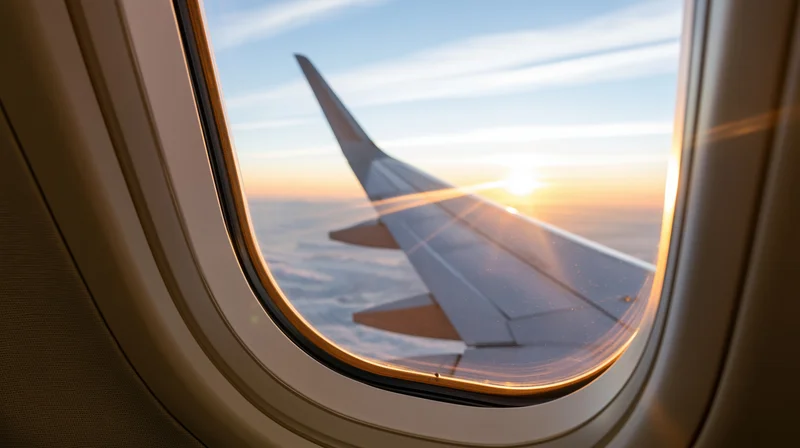 View through airplane window showing wing against sunset sky above clouds