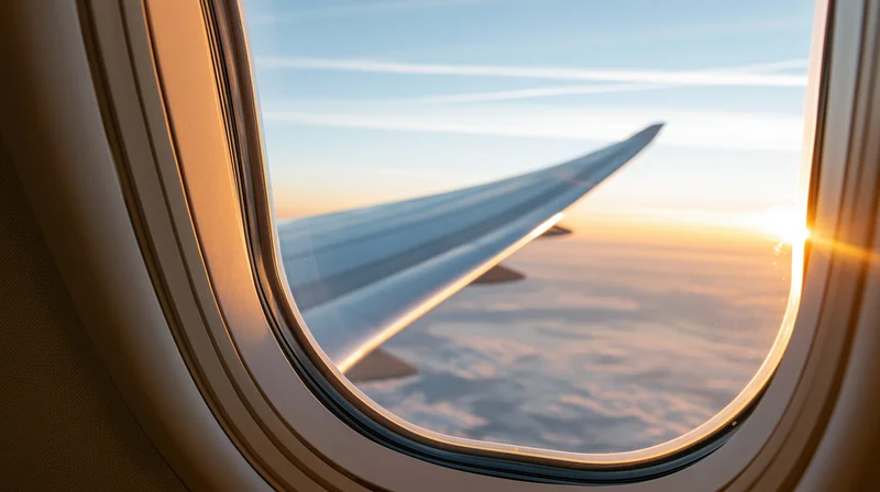 View through airplane window showing wing against sunset sky above clouds