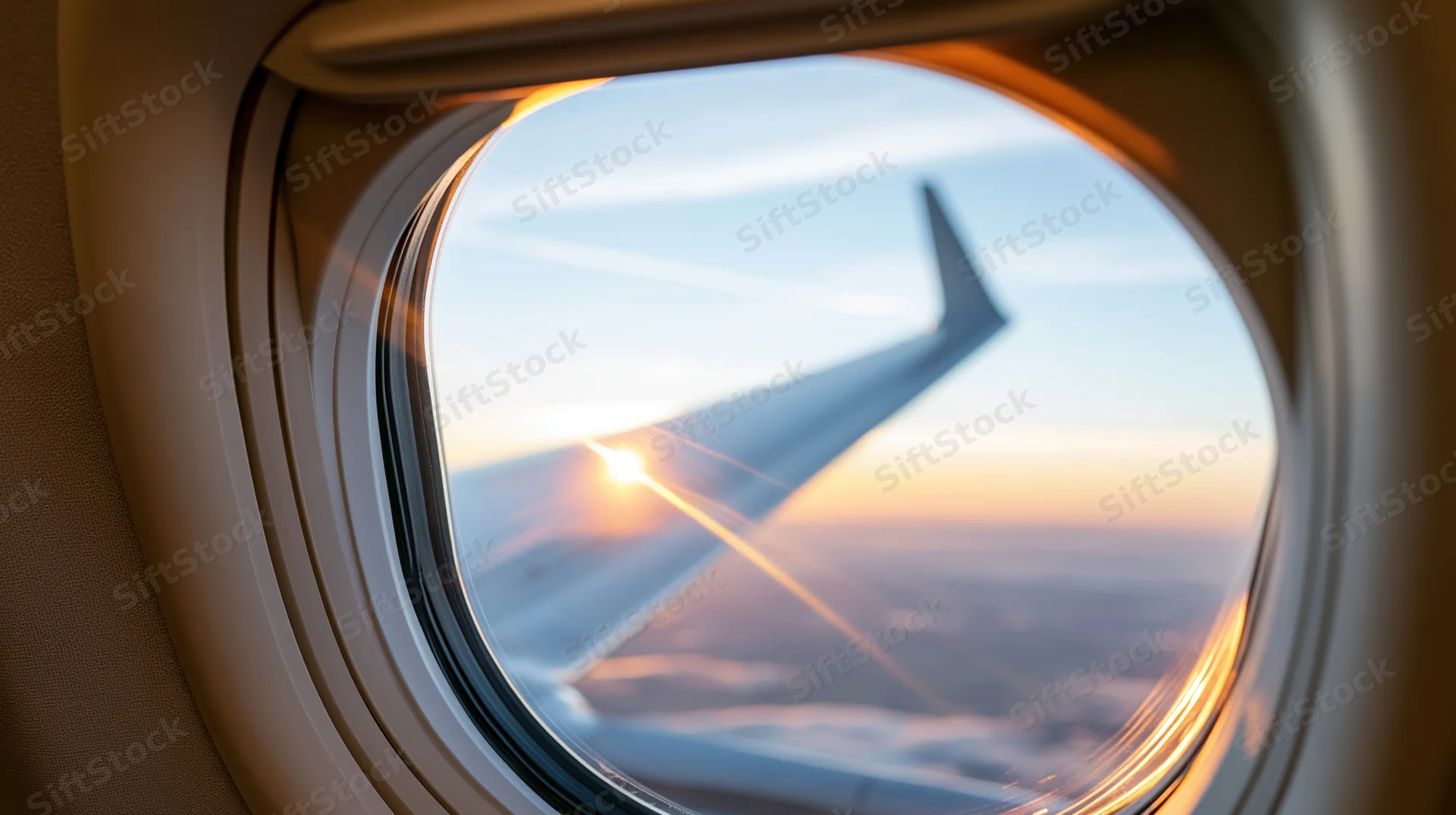 View through airplane window showing wing against sunset sky