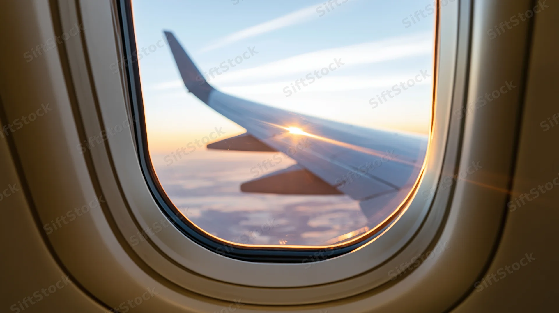 View through airplane window showing wing against sunset sky above clouds