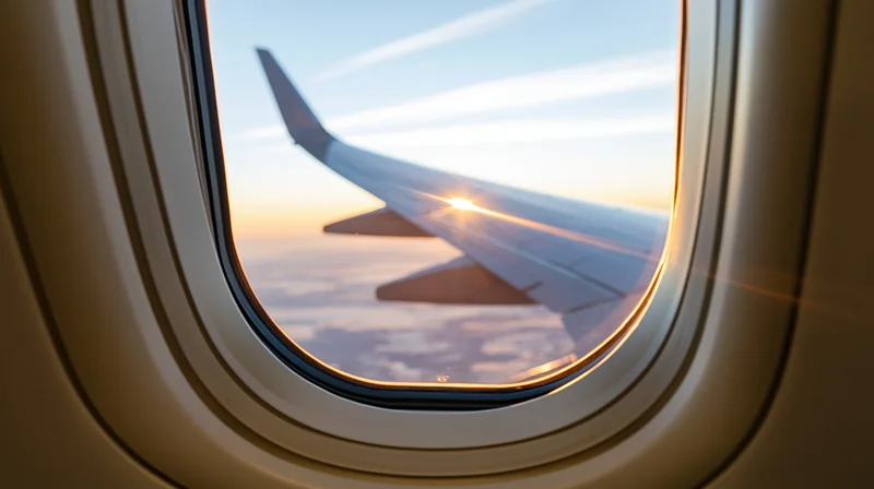 View through airplane window showing wing against sunset sky above clouds
