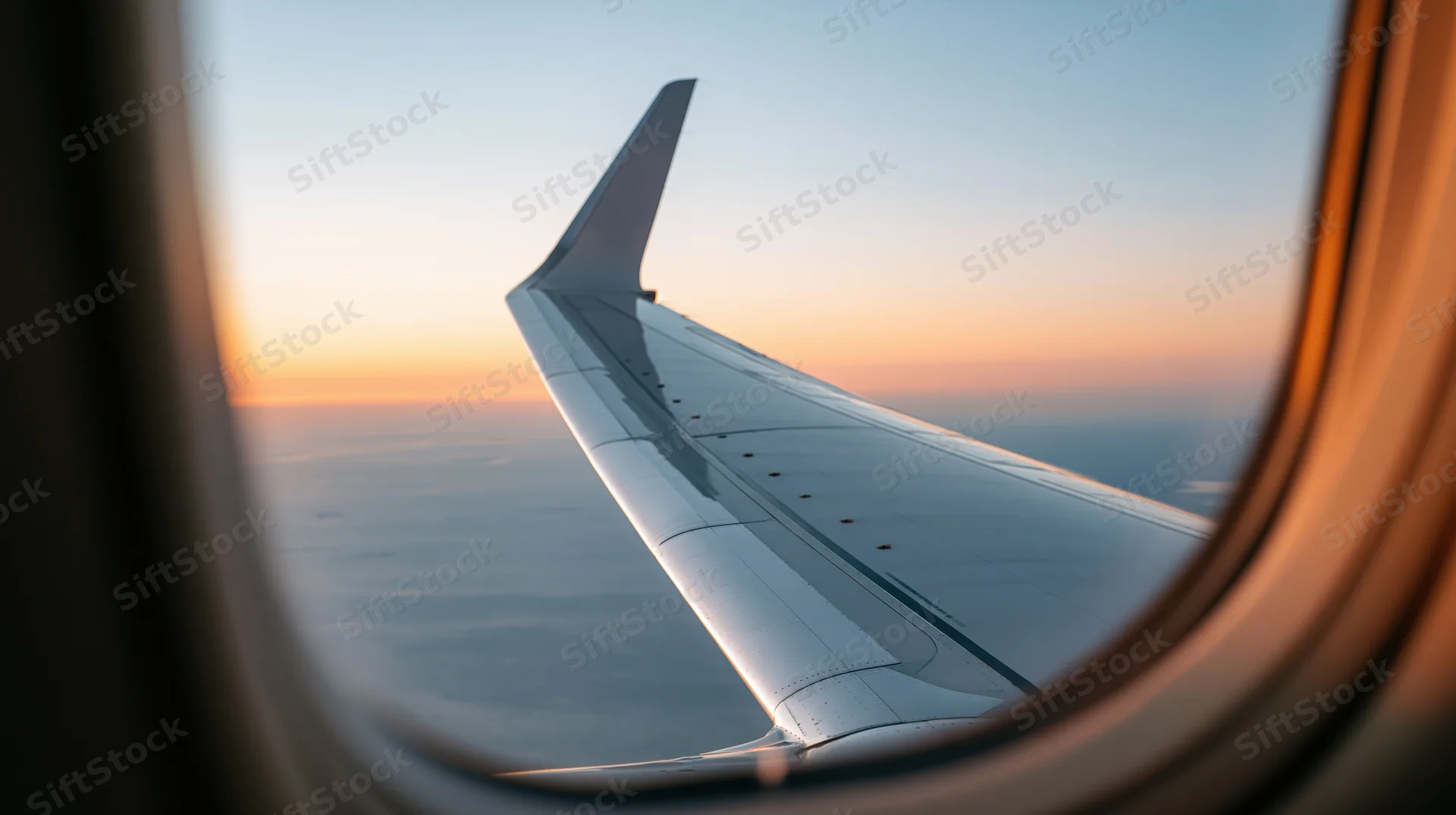 View through airplane window showing wing tip against sunset sky