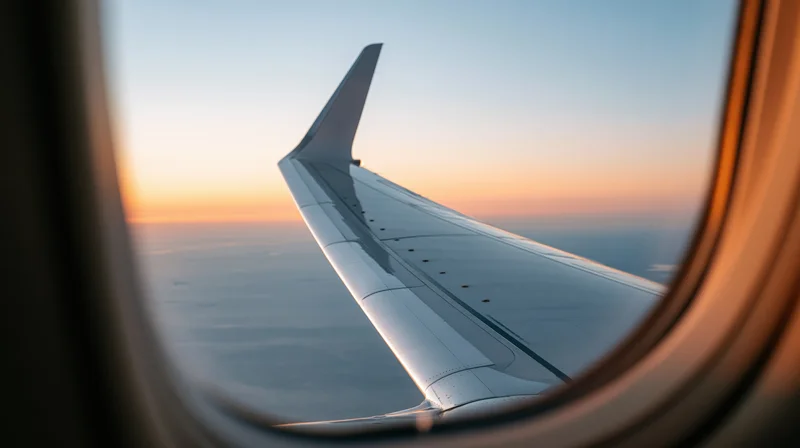 View through airplane window showing wing tip against sunset sky