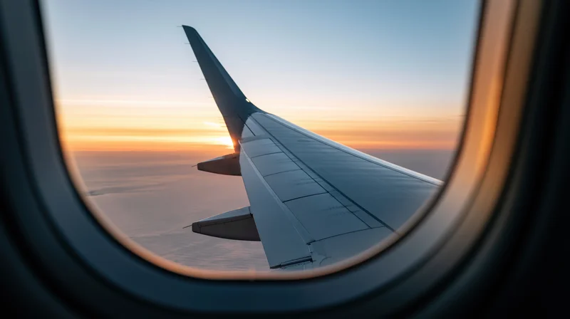 View through airplane window showing wing tip silhouetted against sunset sky