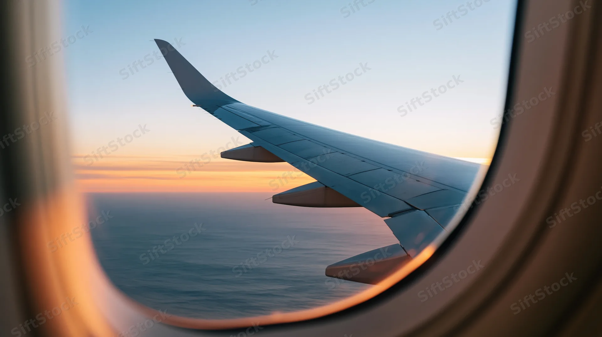 View through airplane window showing wing tip over ocean at sunset