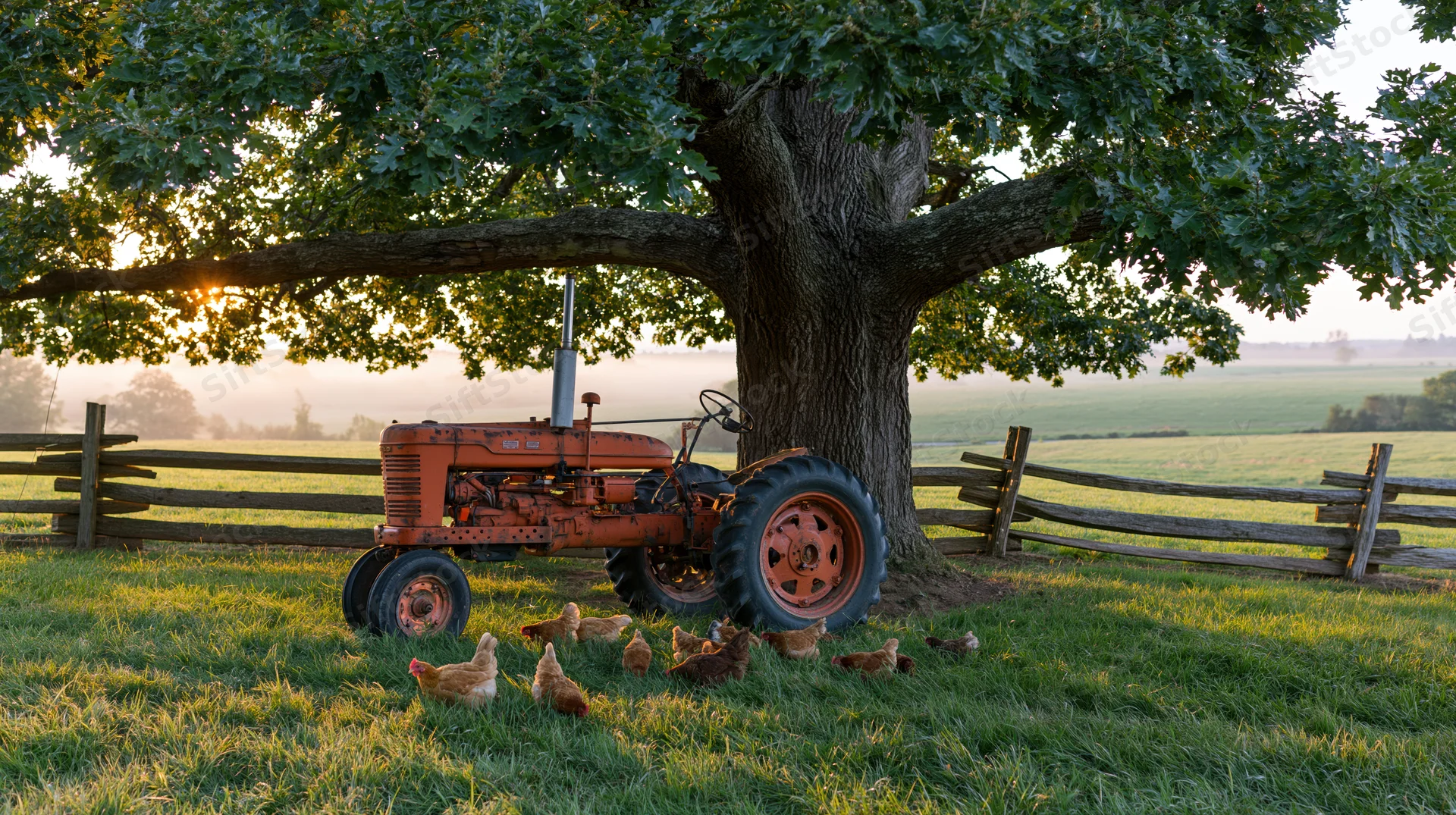 Vintage orange tractor parked beside a large oak tree in a grassy field with chickens foraging nearby at sunrise