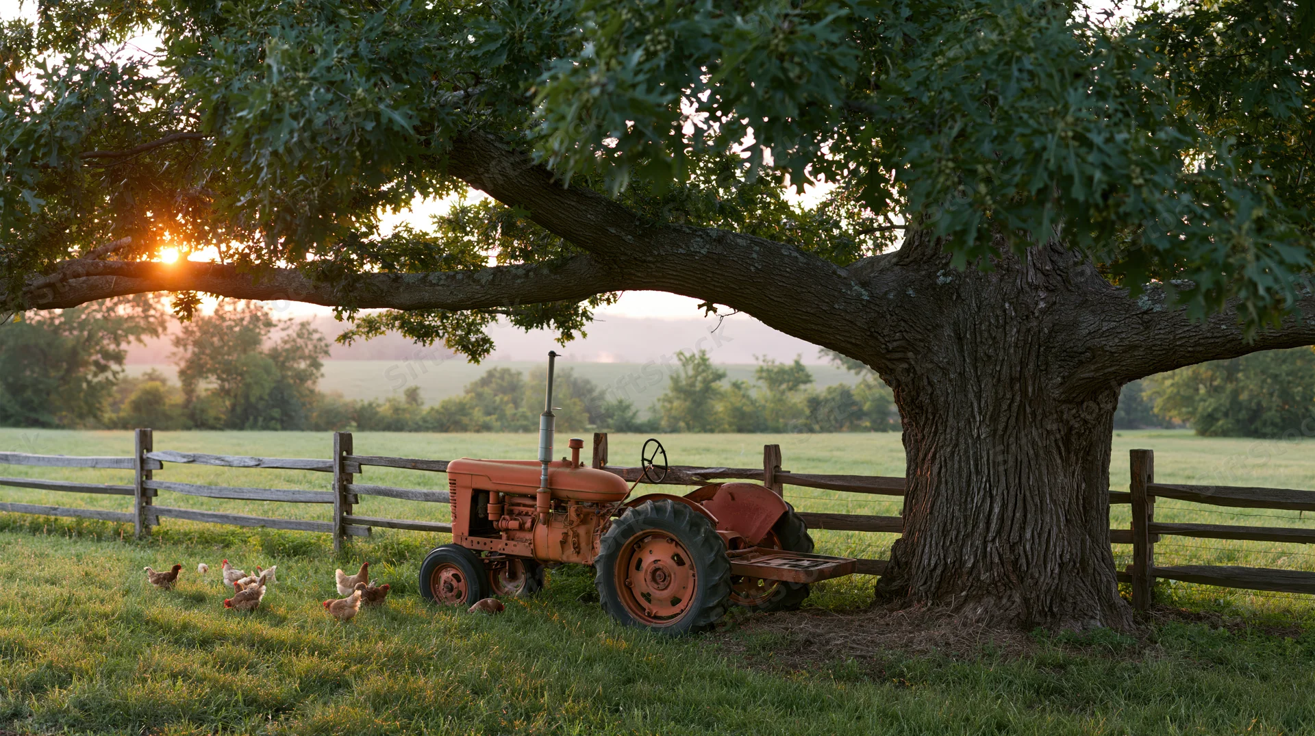 Vintage orange tractor parked beside a large oak tree in a grassy field at sunset