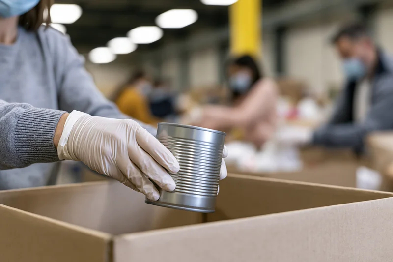Volunteer placing a metal tin can into a cardboard box in a warehouse setting