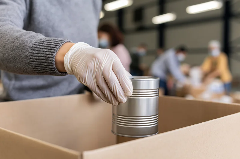 Volunteer placing a metal tin can into a cardboard box in a warehouse setting