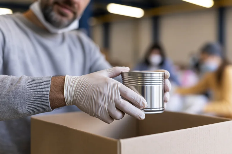 Volunteer placing a metal tin can into a cardboard box in a warehouse setting