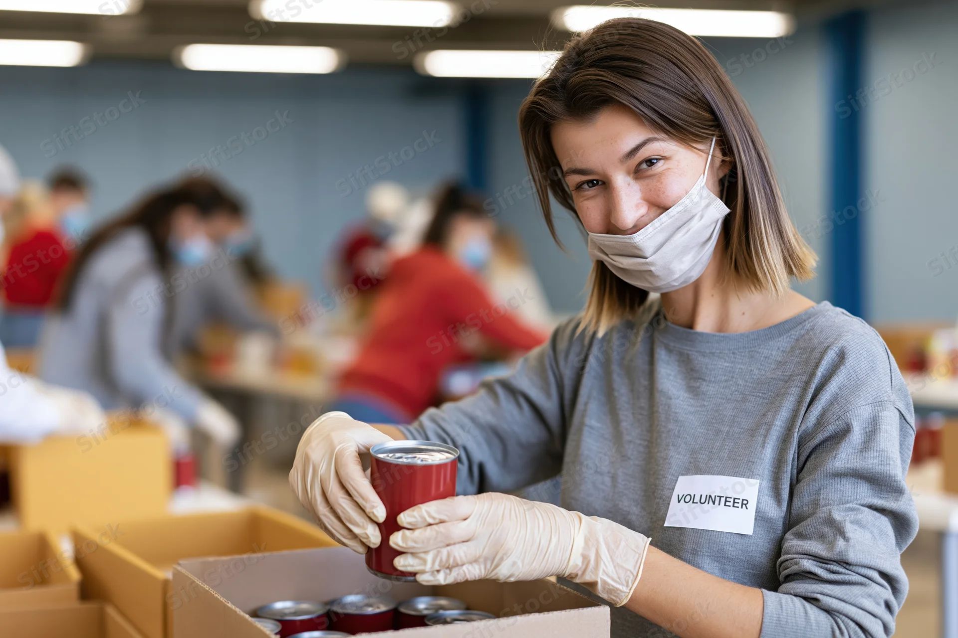 Woman volunteer sorting canned food in a warehouse with gloves and mask