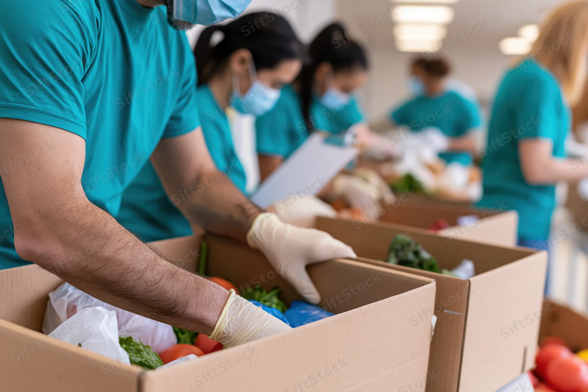 Volunteers sorting produce into cardboard boxes indoors