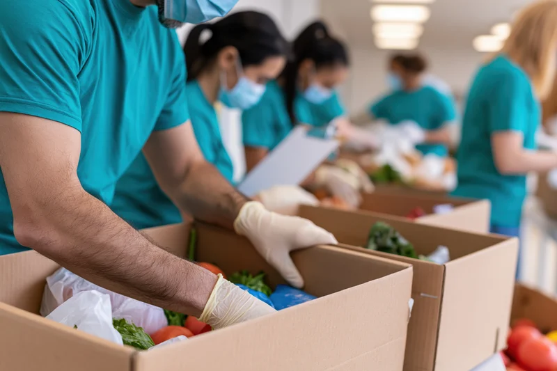 Volunteers sorting produce into cardboard boxes indoors