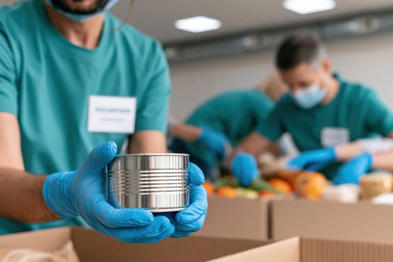 Volunteer holding a tin can while packing food donations in a warehouse with teammates in teal shirts and blue gloves