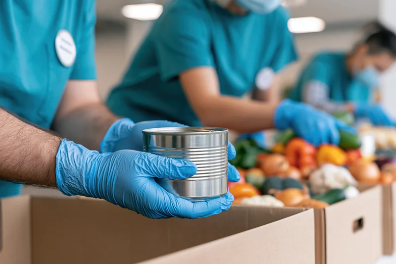 Volunteer holding a tin can while packing food donations in cardboard boxes