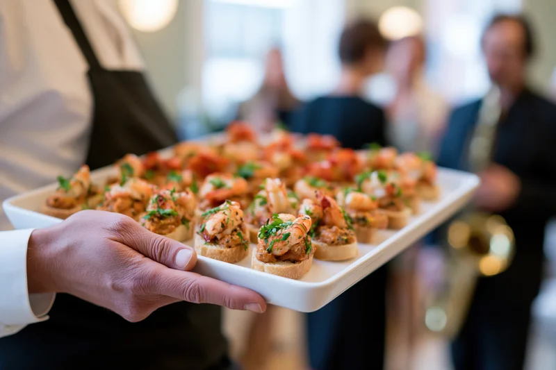 Waiter holding a white tray of shrimp canapes at a social event with live music in the background