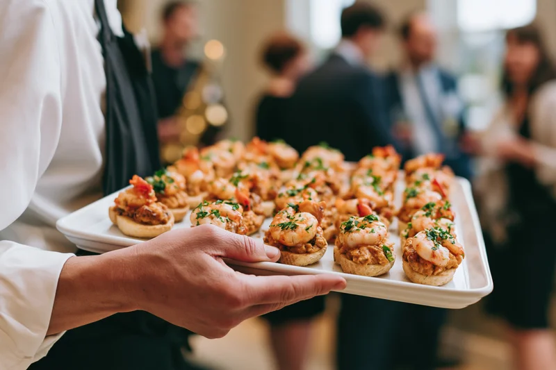 Waiter holding tray of shrimp canapes at a formal event
