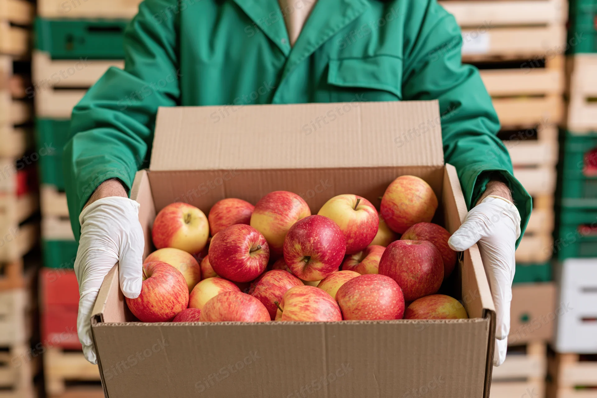 Warehouse worker holding a cardboard box of red apples in a storage facility