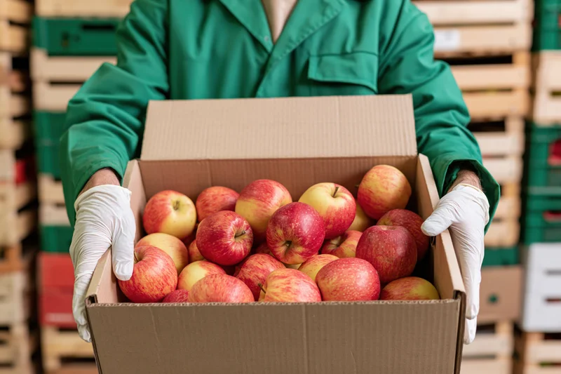 Warehouse worker holding a cardboard box of red apples in a storage facility