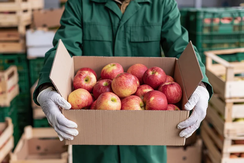 Worker holding a cardboard box of red apples in a warehouse