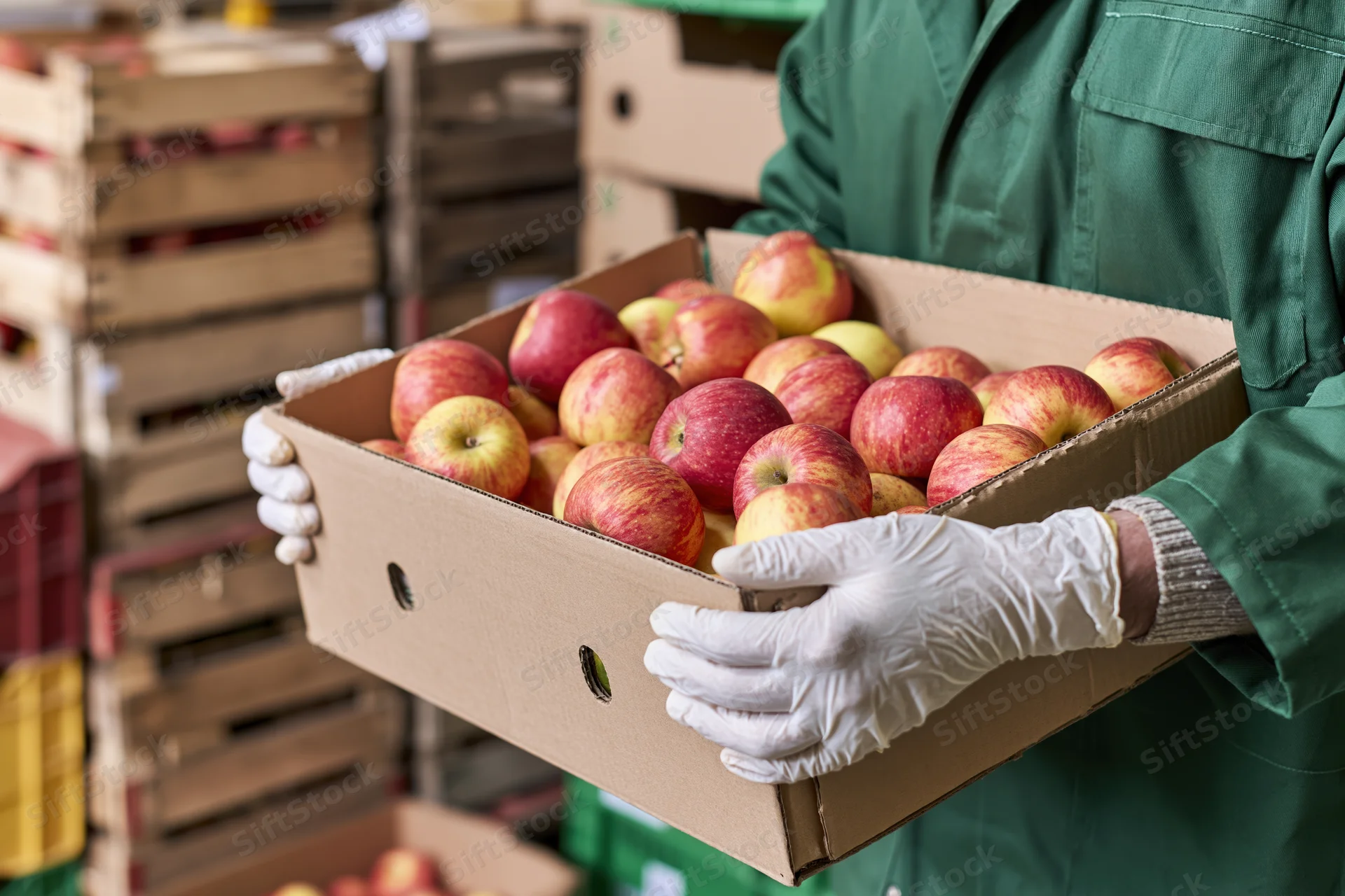 Worker holding a cardboard box of apples in a warehouse