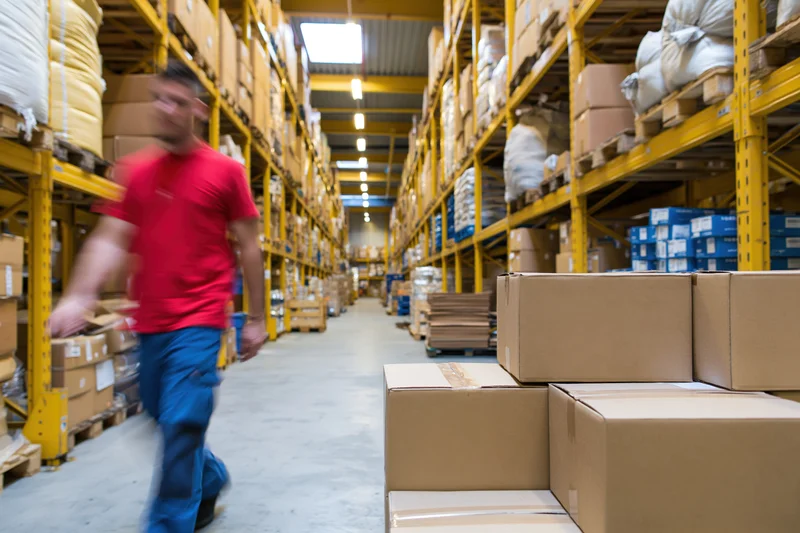 Man in red shirt and blue trousers walking through warehouse aisle past stacked boxes and yellow shelving