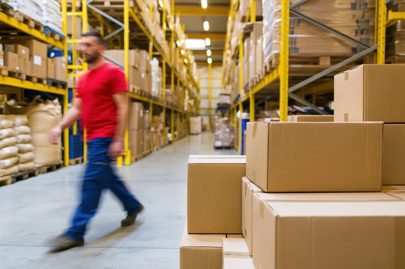 Man in red shirt and blue trousers walking through warehouse aisle past stacked cardboard boxes