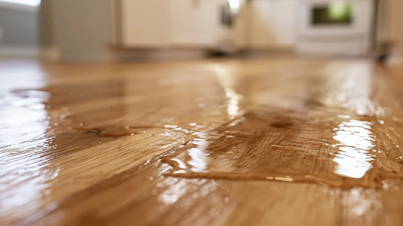 Water spilled across a hardwood kitchen floor, reflecting light and showing wood grain