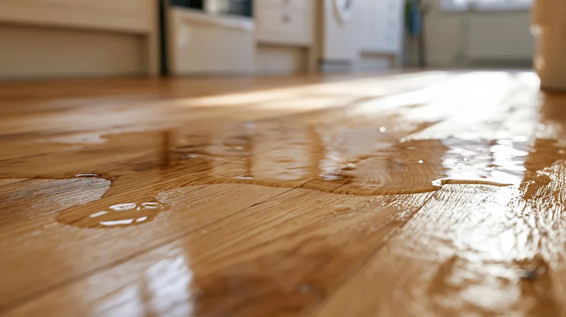 Water spilled across a warm honey-toned hardwood kitchen floor