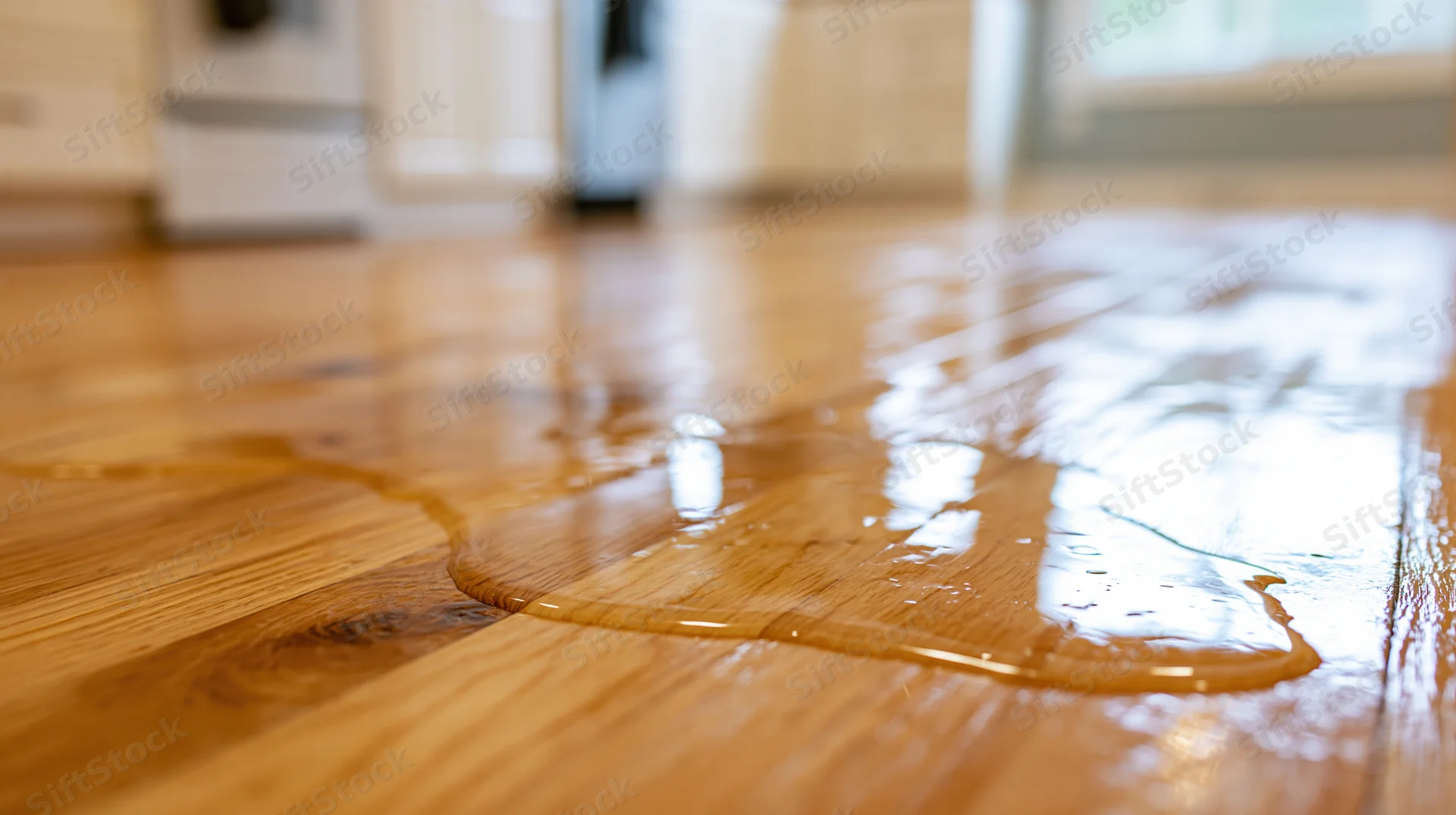Water spilled across a warm honey-toned hardwood kitchen floor